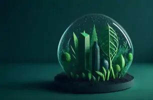 Boule de neige avec des immeubles et des feuilles